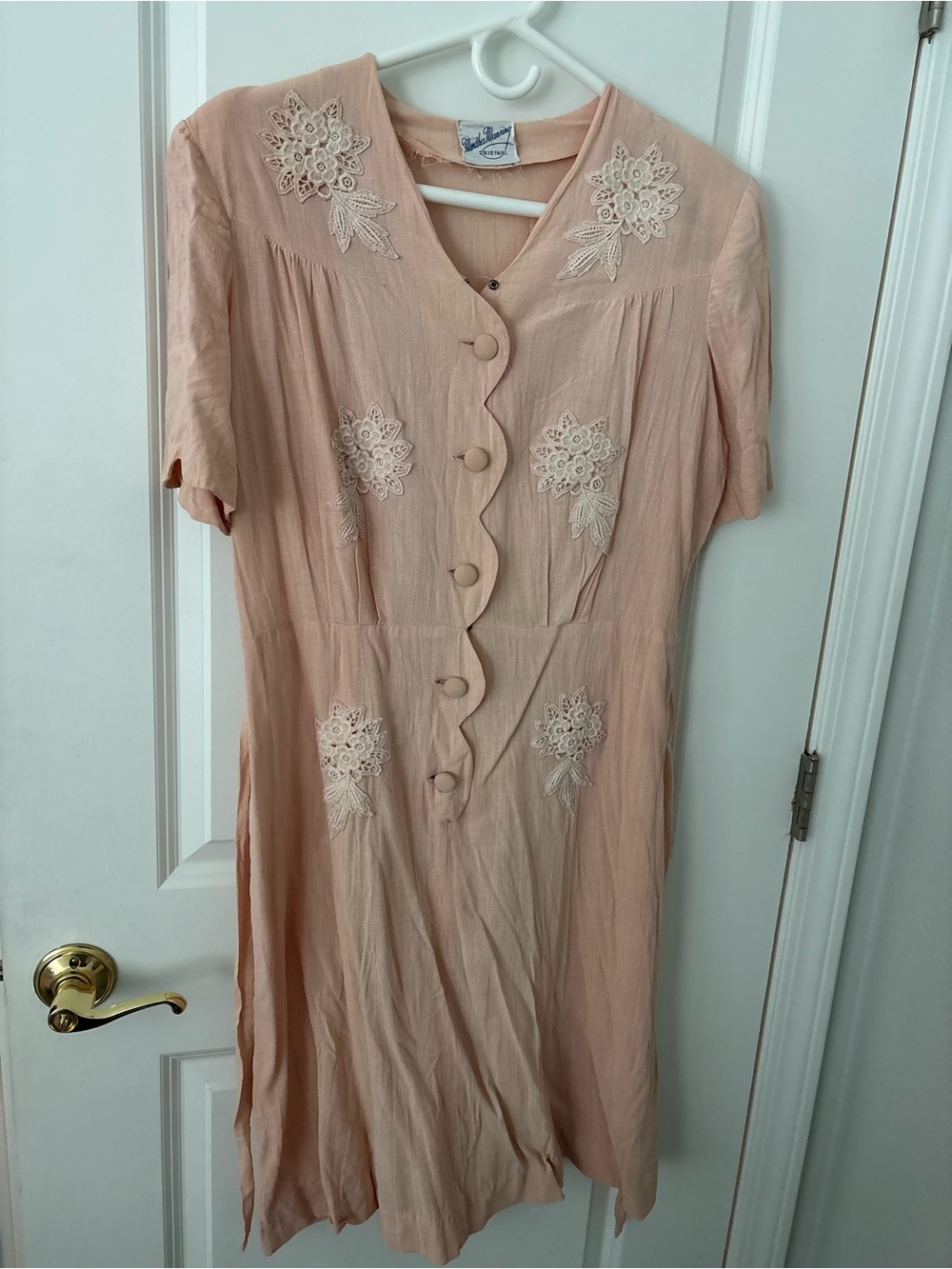 Vintage 80s pale pink Martha Manning linen midi dress scallop floral embroidery - Picture 8 of 9
